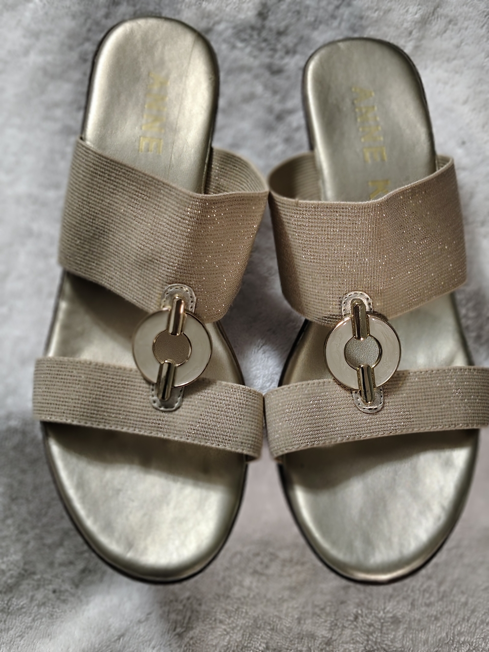 Annie Beige Metallic Slide Sandals with Decorative Ring